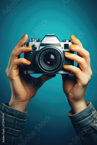 World Photographer Day. Hand Holding Professional Camera, Camera Man, Woman's Day, Technology
