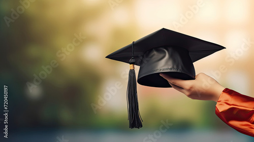 Woman Holding Graduation Cap Hat in Blur Sky Background. Celebrating Graduation, Putting Hand Up, Diploma, Degree, Successful, Study, Education, University photo