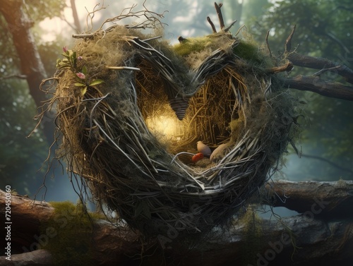 Heart Shaped Nest With Two Birds Perched Inside