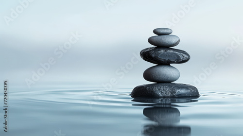 Zen stones stacked in water with a serene blue background and reflection in water.