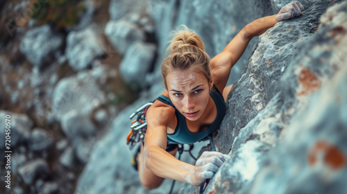 Athlete woman climbing the rock. Workout in mountains.