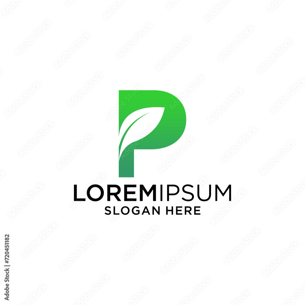 letter p with leaf logo design template