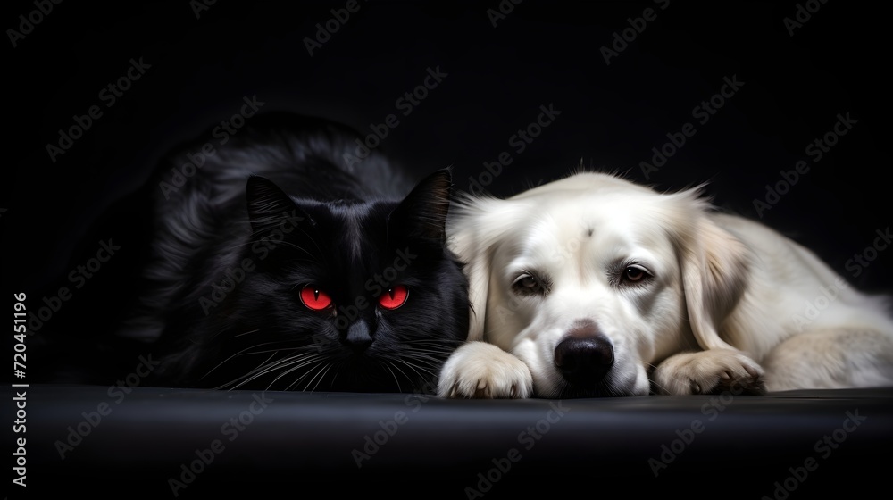 Dog and cat portrait close up in a wooden background,
