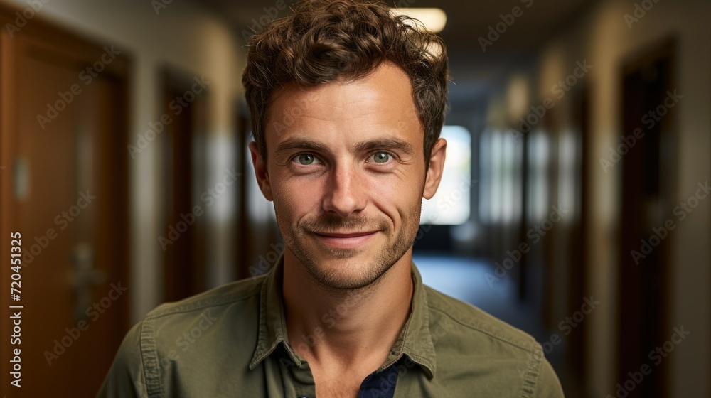 Portrait of a Friendly Man in Corridor. Generative AI. Portrait of a Friendly Man in Corridor. Generative AI.