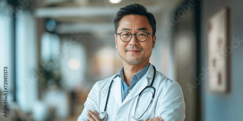 Medicine and healthcare concept : Portrait of smiling Asian male doctor standing in corridor with big windows at hospital. Doctor with stethoscope. 16:9 Ratio with copy space.