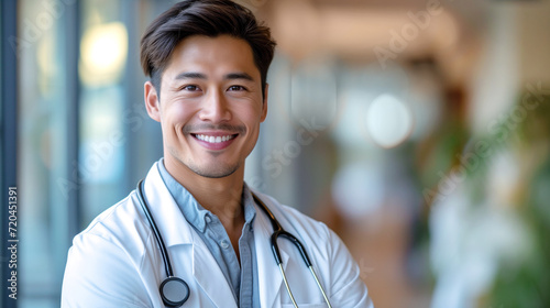 Medicine and healthcare concept : Portrait of smiling Asian male doctor standing in corridor with big windows at hospital. Doctor with stethoscope. 16:9 Ratio with copy space. photo