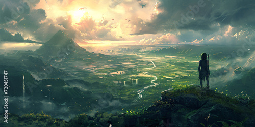 Mystical Sunrise Over a Lush Green Valley with Majestic Mountains and Waterfalls: A Lone Explorer Witnesses the Beauty of Nature in a Serene View