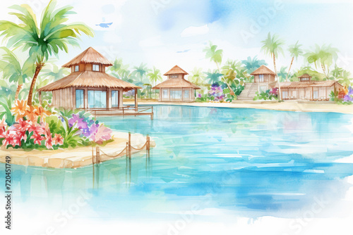 A detailed watercolor illustration of a beautiful tropical resort near the coast   cartoon drawing  water color style