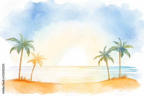 A beach setting with palm trees  golden sun  and blue sea   cartoon drawing  water color style