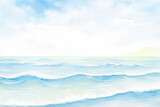 A beautiful seascape highlighting the pristine blues of ocean waves using watercolor , cartoon drawing, water color style