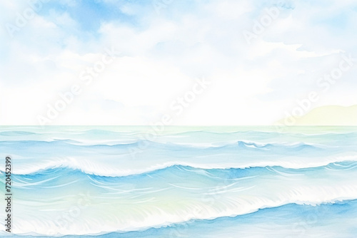 A beautiful seascape highlighting the pristine blues of ocean waves using watercolor , cartoon drawing, water color style
