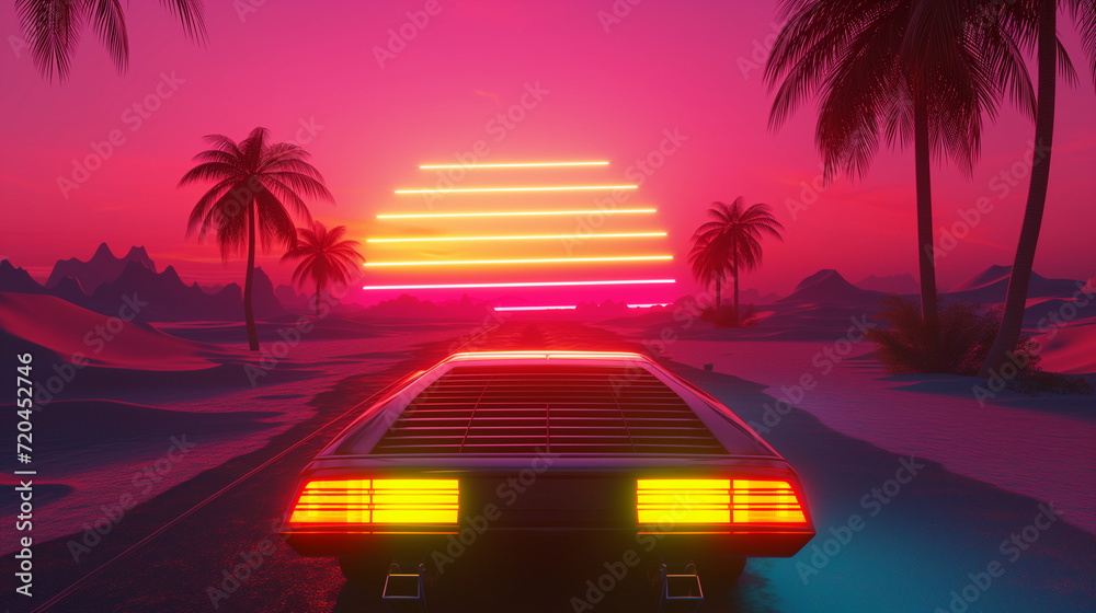 Retro Synthwave 3D landscape with palms. VJ visuals in vibrant hues. Futuristic neon aesthetics, 80s-inspired graphic design. A dynamic, nostalgic scene with palm trees and vibrant colors.