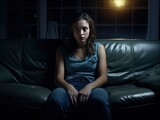 Woman Sitting on a Couch in a Dark Room