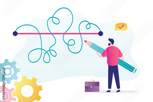 Creative problem solving. Businessman uses pencil and draw straight path through tangled chaos. Business concept. Choice right and shortcut way. Achieving goals.