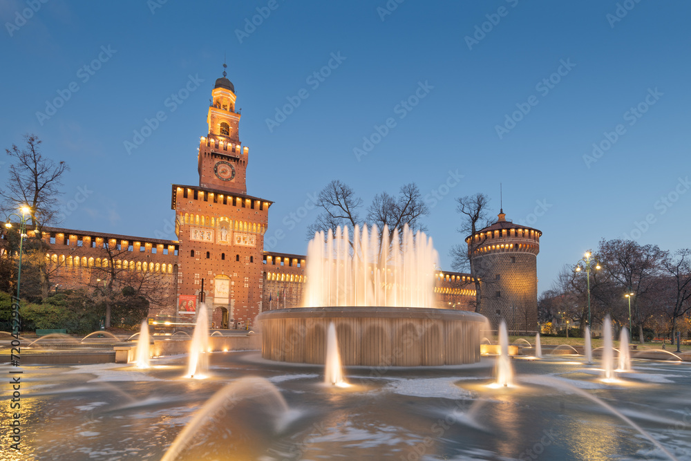 Sforzesco Castle and Fountain in Milan, Italy