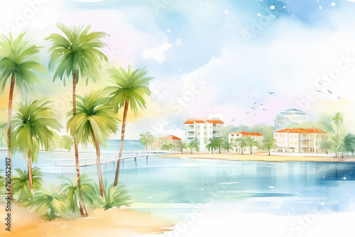 A breathtaking artwork featuring a picturesque seaside resort surrounded by palm trees , cartoon drawing, water color style © Watercolorbackground