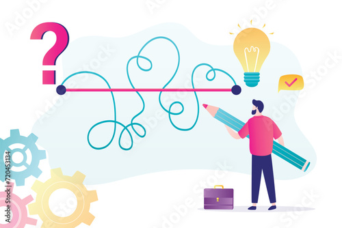 Problems solving. Businessman uses pencil and draw straight path through tangled chaos. Find answers, from question to idea light bulb. Business concept.