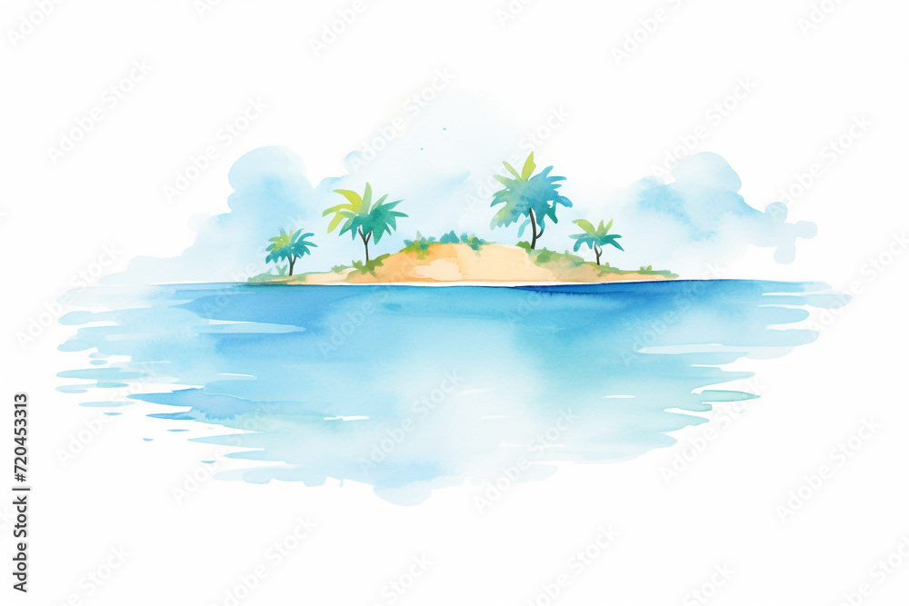 A breathtaking landscape featuring an isolated island, surrounded by turquoise water , cartoon drawing, water color style