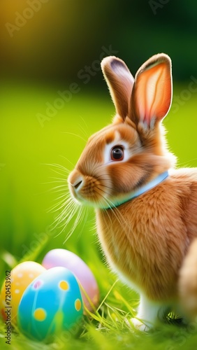 A red rabbit with satin ribbon around his neck is sitting on the grass, Easter eggs are lying next to it. © Галина Беляева