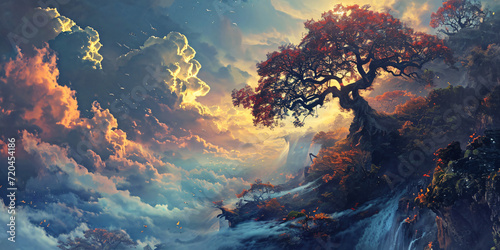 Enchanting Sunset Landscape with Majestic Waterfalls, Lush Forests, and Cloud-Kissed Peaks: A Digital Art Masterpiece for Nature Enthusiasts