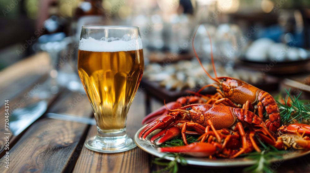A glass of beer with a plate of fresh crayfish - obrazy, fototapety, plakaty 