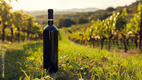 A bottle of wine on the background of a vineyard photo