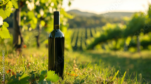 A bottle of wine on the background of a vineyard photo