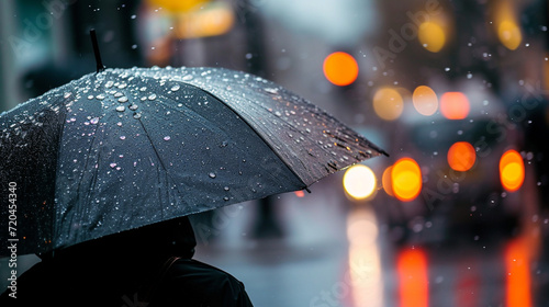 A person with a black umbrella in the rain photo