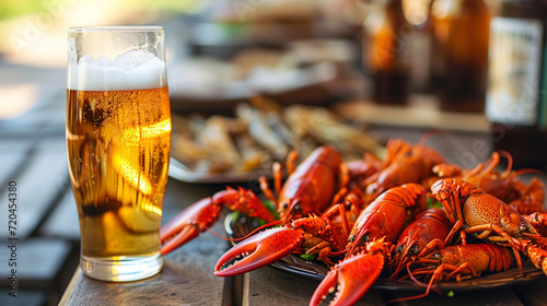 A glass of beer with a plate of fresh crayfish photo