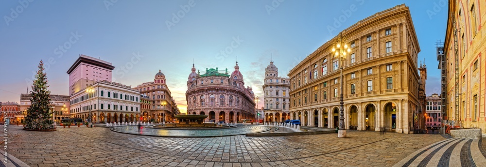 Genoa, Italy Plaza and Fountain in the Morning - obrazy, fototapety, plakaty 