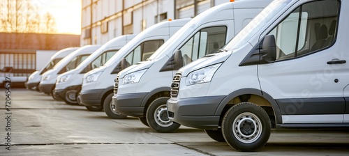 Parked row of white delivery vans, transportation service company with text placement