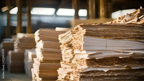 Closeup of a stack of recycled paper bundles at a paper mill. photo