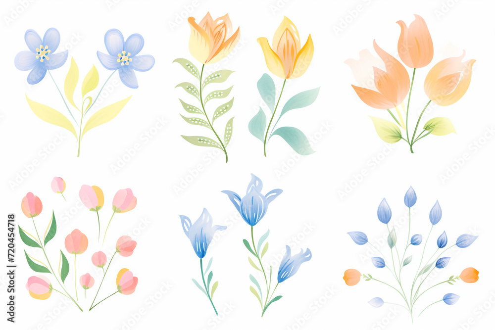 A collection of ornamental, floral prints with a spring theme , cartoon drawing, water color style A collection of ornamental, floral prints with a spring theme , cartoon drawing, water color style