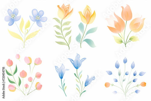 A collection of ornamental  floral prints with a spring theme   cartoon drawing  water color style