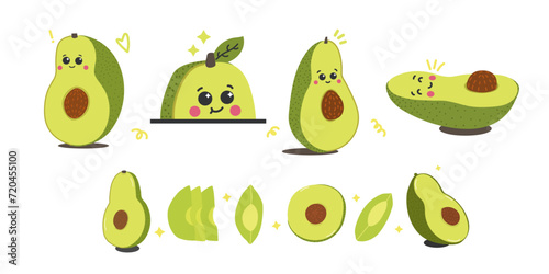 Avocado fruit cartoon, avocado isolated,avocado sliced,half, cute cartoon, smiley avocado, sweet cute fruit cartoon set,