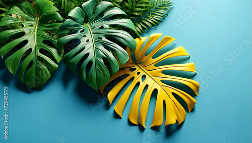 Top view of green tropical leave Monstera on blue and yellow background.