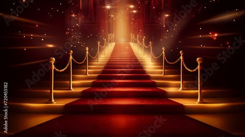 Red carpet on the stairs on dark background, the way to glory, victory and success