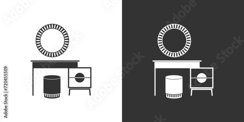 Dressing table with mirrow and chair. Furniture icon on black and white background