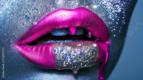 Close up of female face with dripping pink lips, face and lips are decorated with diamonds photo