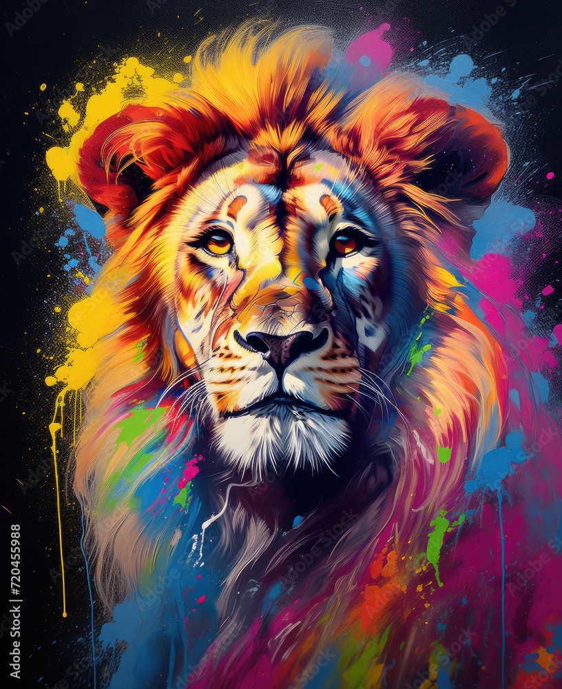 The lion with watercolor splashes in the style of pop art, сolorful, vivid
