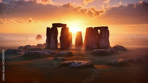 Ast the foggy moors, the silhouette of Stonehenge appears like a mysterious portal to the past. The fog adds an element of magic to this prehistoric monument, making it even more aweinspiring. photo