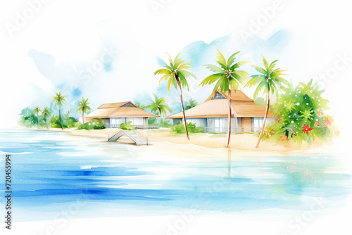 A detailed watercolor illustration of a beautiful tropical resort near the coast , cartoon drawing, water color style © Watercolorbackground
