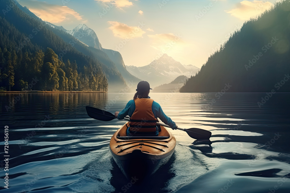 Women's Day, Young Woman Sitting on Boat, Rowing Exercise for Healthy Life and Relaxation in Morning Sunrise Background,8 March, Yoga, World Health Day