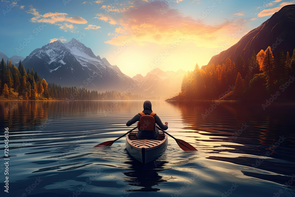 Women's Day, Young Woman Sitting on Boat, Rowing Exercise for Healthy Life and Relaxation in Morning Sunrise Background,8 March, Yoga, World Health Day Women's Day, Young Woman Sitting on Boat, Rowing Exercise for Healthy Life and Relaxation in Morning Sunrise Background,8 March, Yoga, World Health Day