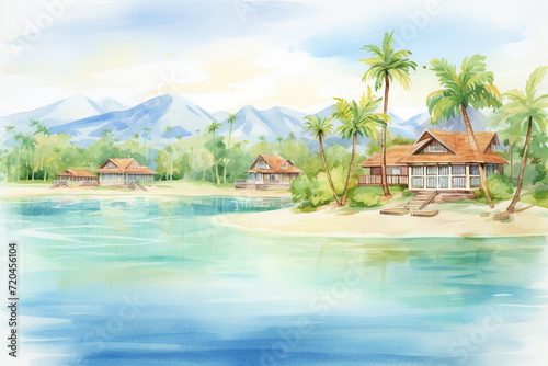 A detailed watercolor illustration of a beautiful tropical resort near the coast , cartoon drawing, water color style