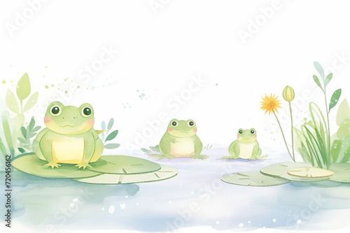 A family of toads living harmoniously in a green, vibrant swamp , cartoon drawing, water color style photo