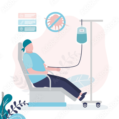 Sick man in hospital. Patient suffer from cancer disease. Male character oncology patient with dropper getting a chemo. Healthcare, oncology illness