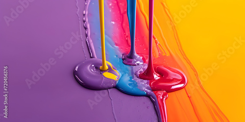 Liquid paint slowly pouring on a color background photo