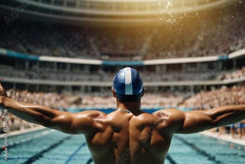 Olympics Game -  A  Male Swimming at the Pool raises His Arms In Front of a Crowd, Celebrating the Victory photo