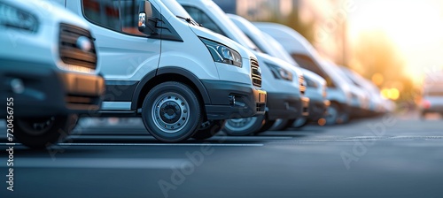 Neatly parked white delivery vans for a transporting service company with text space photo